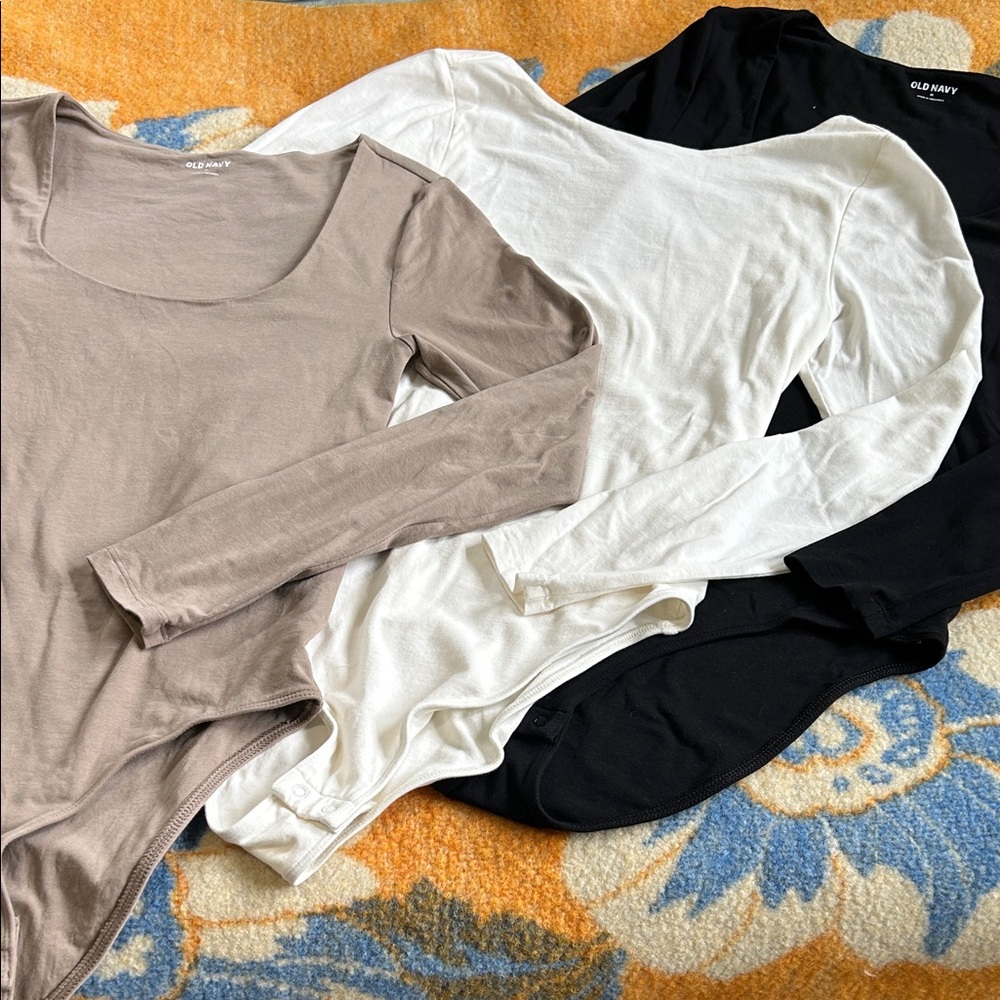Old Navy Women's Bodysuit BUNDLE: Black, Cream, Beige size medium